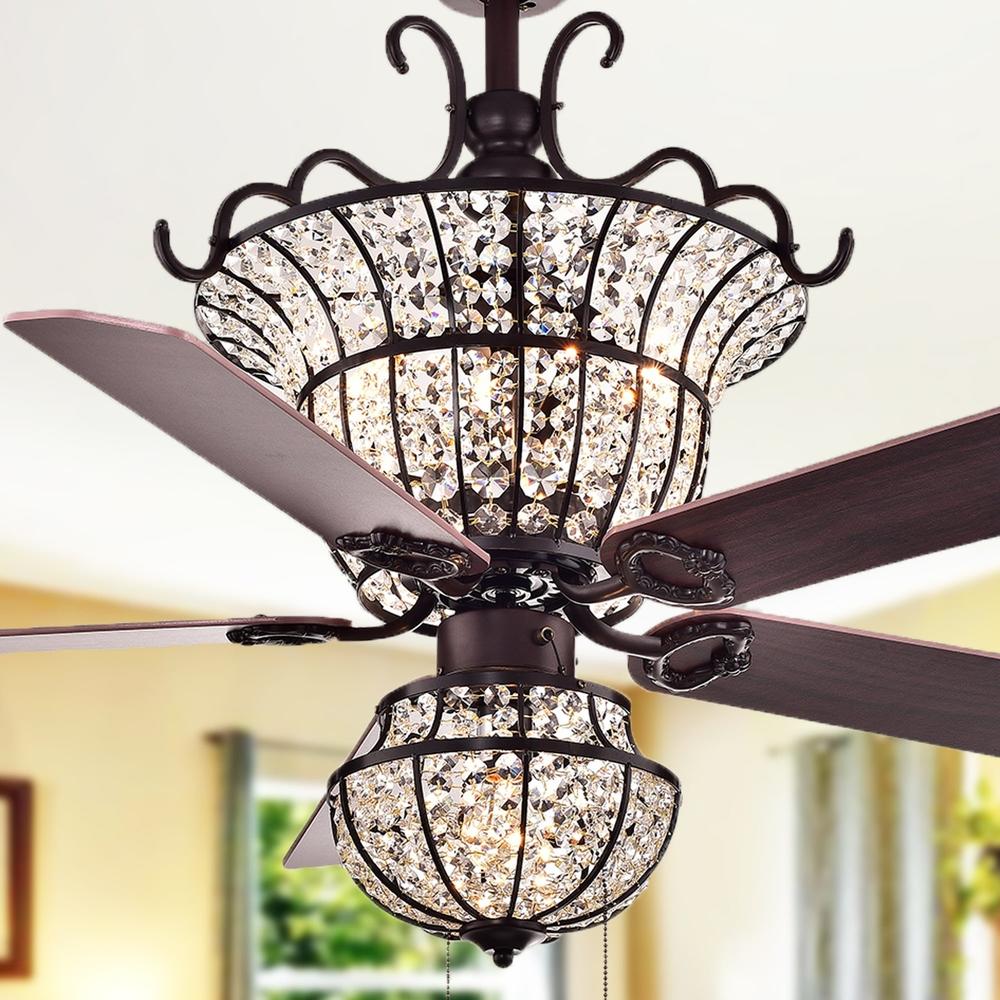 Warehouse of Tiffany CFL-8154BR Charla 4-light Crystal 5-blade 52-inch Chandelier Ceiling Fan (Optional Remote & 2 Color Option Blades)