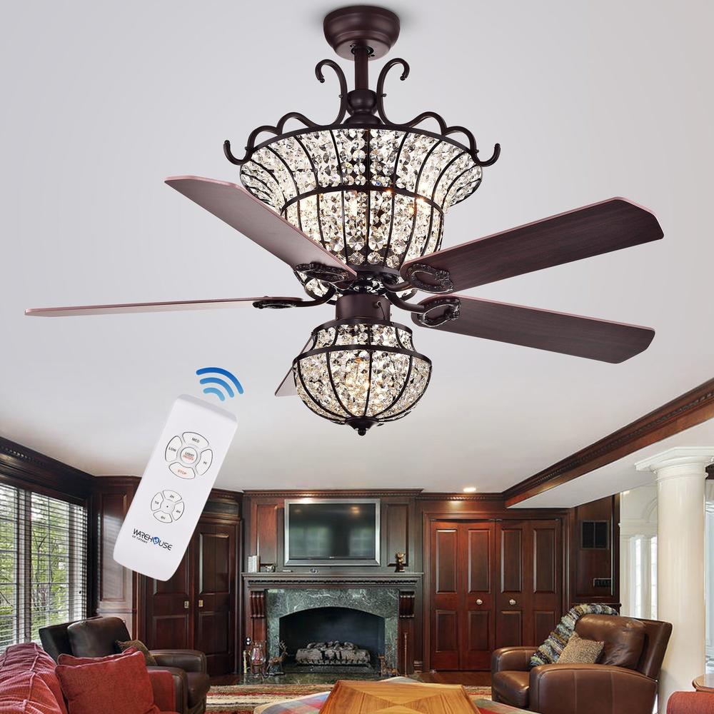 Warehouse of Tiffany CFL-8154REMO/BR Charla 4-light Crystal 5-blade 52-inch Chandelier Ceiling Fan (Optional Remote & 2 Color Option Blades)