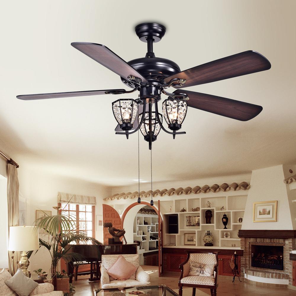 Warehouse of Tiffany CFL-8166BL Mirabelle 3-light 5-blade 52-inch Black Metal and Crystal Lighted Ceiling Fan (Optional Remote)