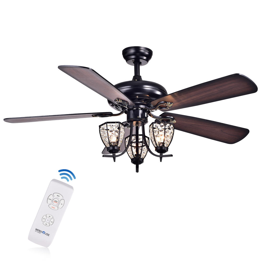 Warehouse of Tiffany CFL-8166BL Mirabelle 3-light 5-blade 52-inch Black Metal and Crystal Lighted Ceiling Fan (Optional Remote)