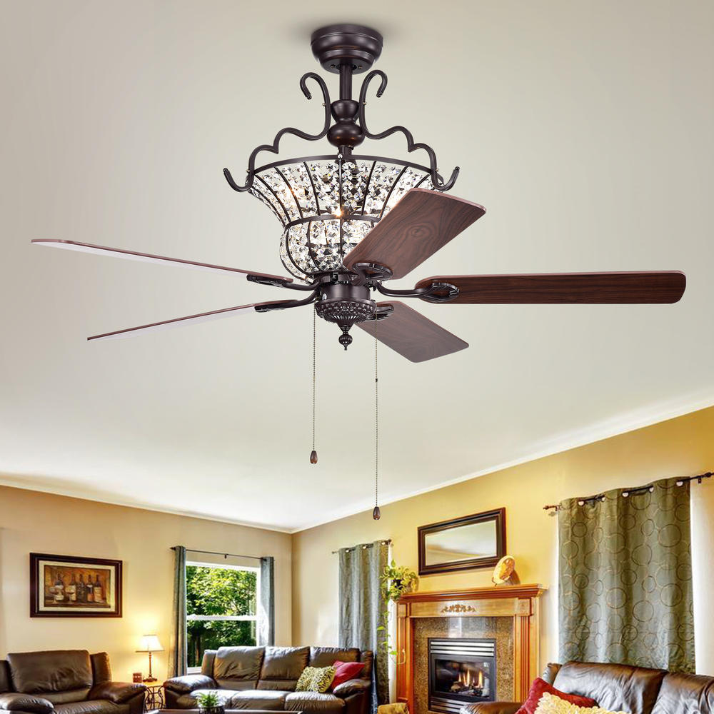 Warehouse of Tiffany CFL-8154BR/NS Charla II 3-light Crystal 5-blade 52-inch Brown Ceiling Fan (2 Color Option Fan Blades)