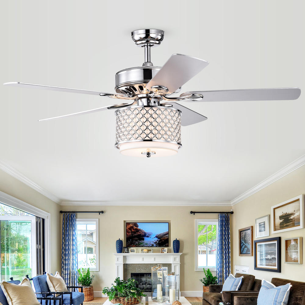Warehouse of Tiffany CFL-8418REMO/CH Shelee Chrome 52-Inch 5-Blade Lighted Ceiling Fan with Glass & Crystal Shade (Incl. Remote & 2 Color Option Fan Blades)