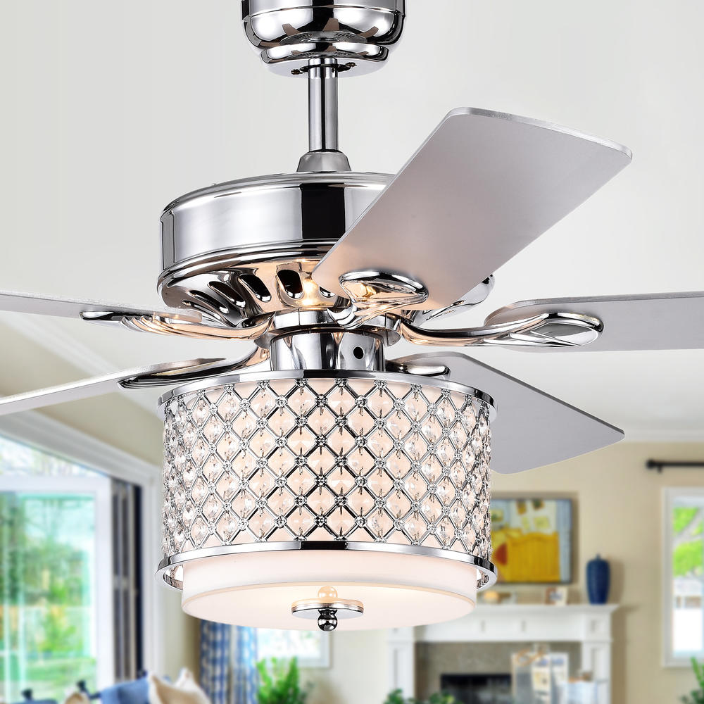 Warehouse of Tiffany CFL-8418REMO/CH Shelee Chrome 52-Inch 5-Blade Lighted Ceiling Fan with Glass & Crystal Shade (Incl. Remote & 2 Color Option Fan Blades)