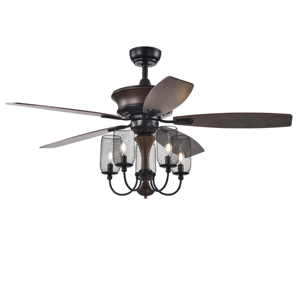 Warehouse of Tiffany CFL-8412REMO/IW Slatin 52-inch 5-light Lighted Ceiling Fan with Mesh Shade Candelabra Chandelier (incl. Remote & 2 Color Option Fan Blades)
