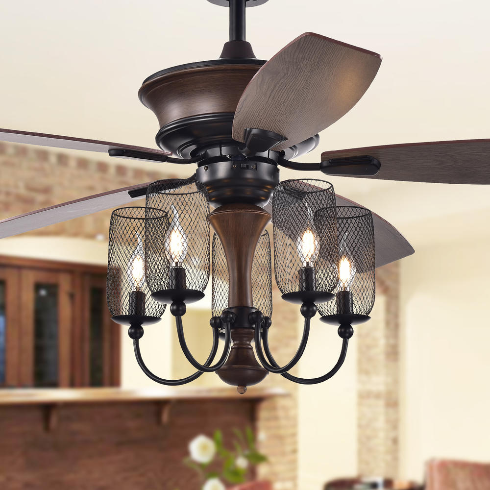 Warehouse of Tiffany CFL-8412REMO/IW Slatin 52-inch 5-light Lighted Ceiling Fan with Mesh Shade Candelabra Chandelier (incl. Remote & 2 Color Option Fan Blades)