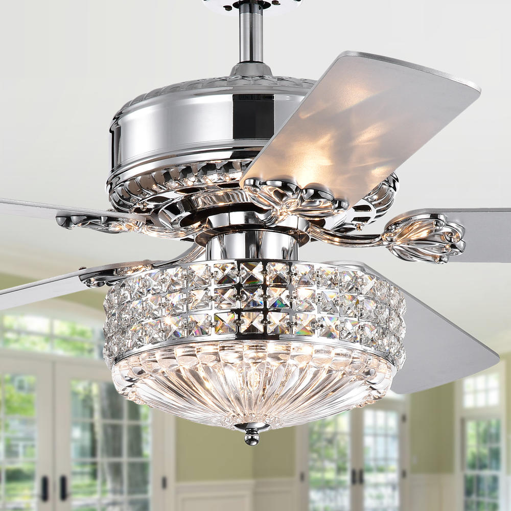 Warehouse of Tiffany CFL-8371REMO/CH Gremane Chrome 52-inch Lighted Ceiling Fan with Crystal Shade (incl. Remote & 2 Color Option Blades)