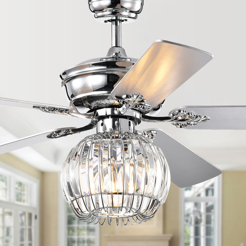 Warehouse of Tiffany CFL-8388REMO/C Dalinger Chrome 52-inch Lighted Ceiling Fan with Globe Crystal Shade (incl. Remote & 2 Color Option Blades)