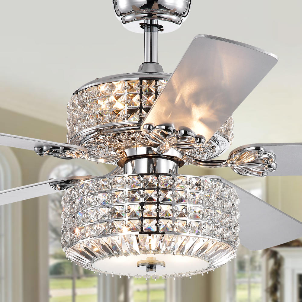 Warehouse of Tiffany CFL-8372REMO/CHD Walter Dual Lamp Chrome 52-inch Lighted Ceiling Fan w Crystal Shades optional Remote (incl 2 Color Blade Options)