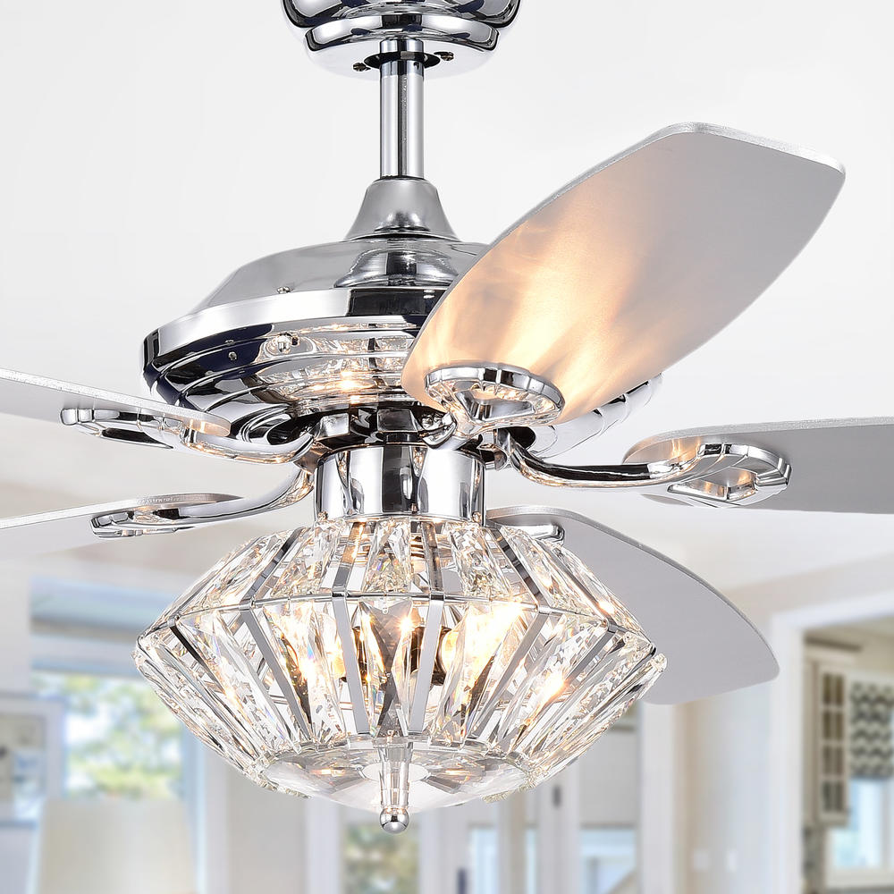 Warehouse of Tiffany CFL-8366REMO/CH Makore Chrome 52-inch Lighted Ceiling Fan with Crystal Shade (incl. Remote & 2 Color Option Blades)