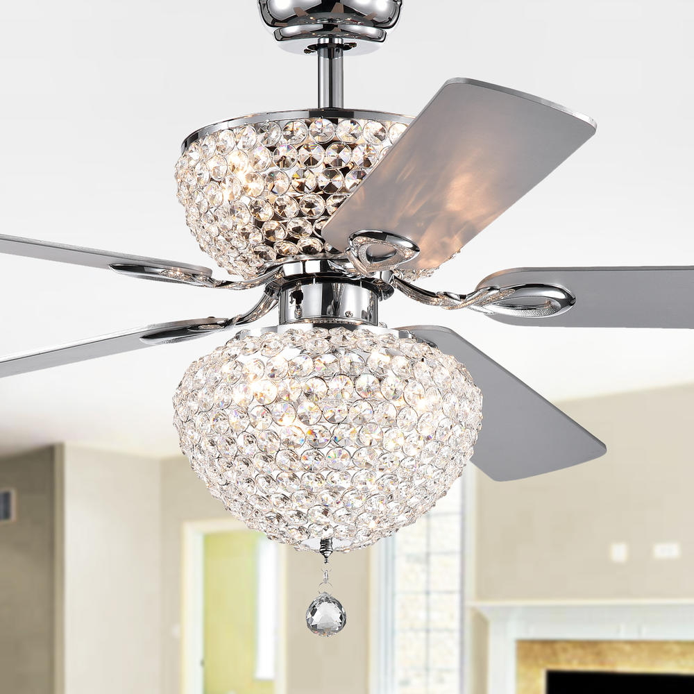 Warehouse of Tiffany CFL-8176REMO/CHD Swarana Chrome Dual Lighted Ceiling Fan with Crystal Shades (incl. Remote & 2 Color Option Blades)