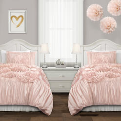 Lush Decor Serena Comforter Pink Blush Ruched Flower 2 Piece Set, Twin XL