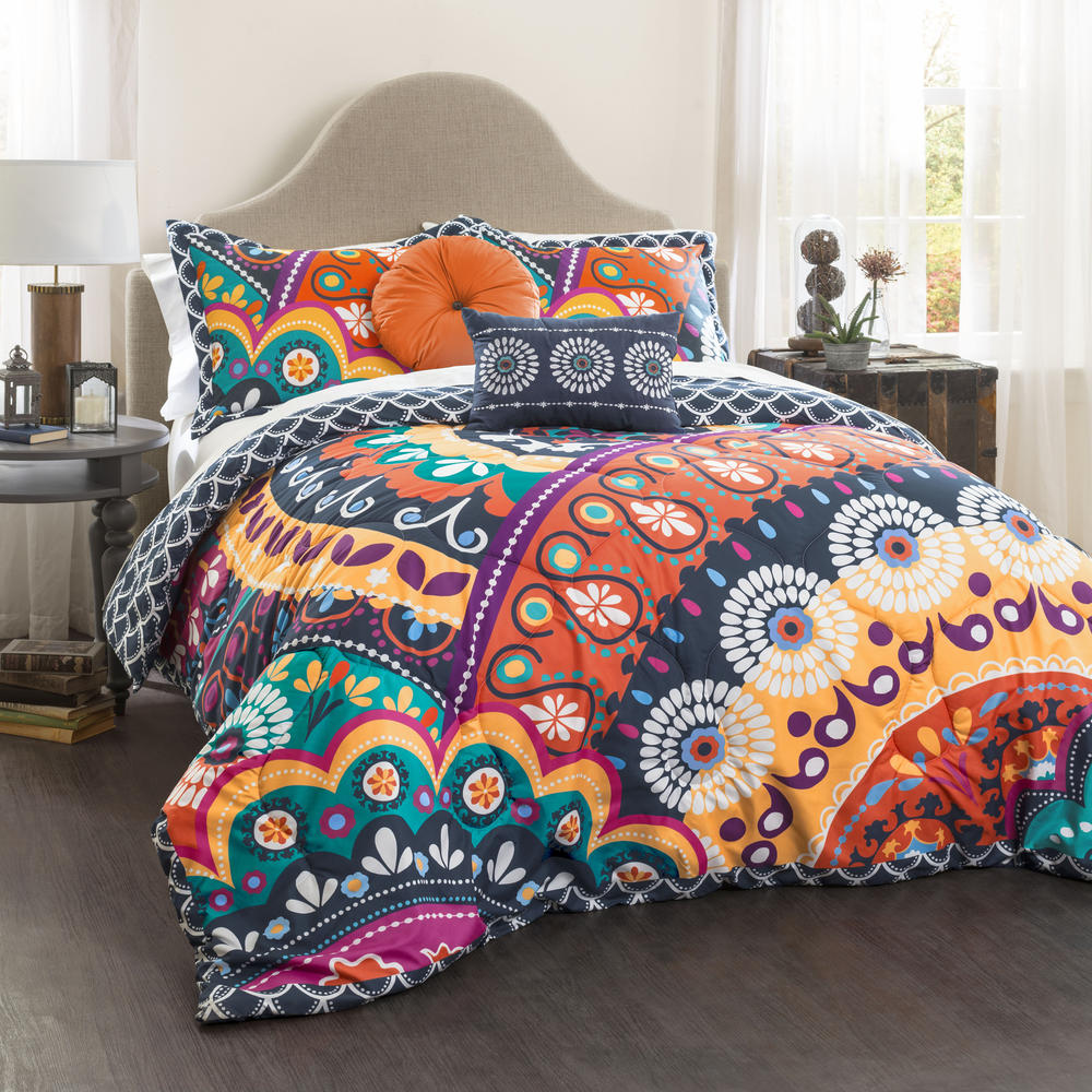 Lush Decor Maya Quilted Comforter Navy/Orange 5pc Set King