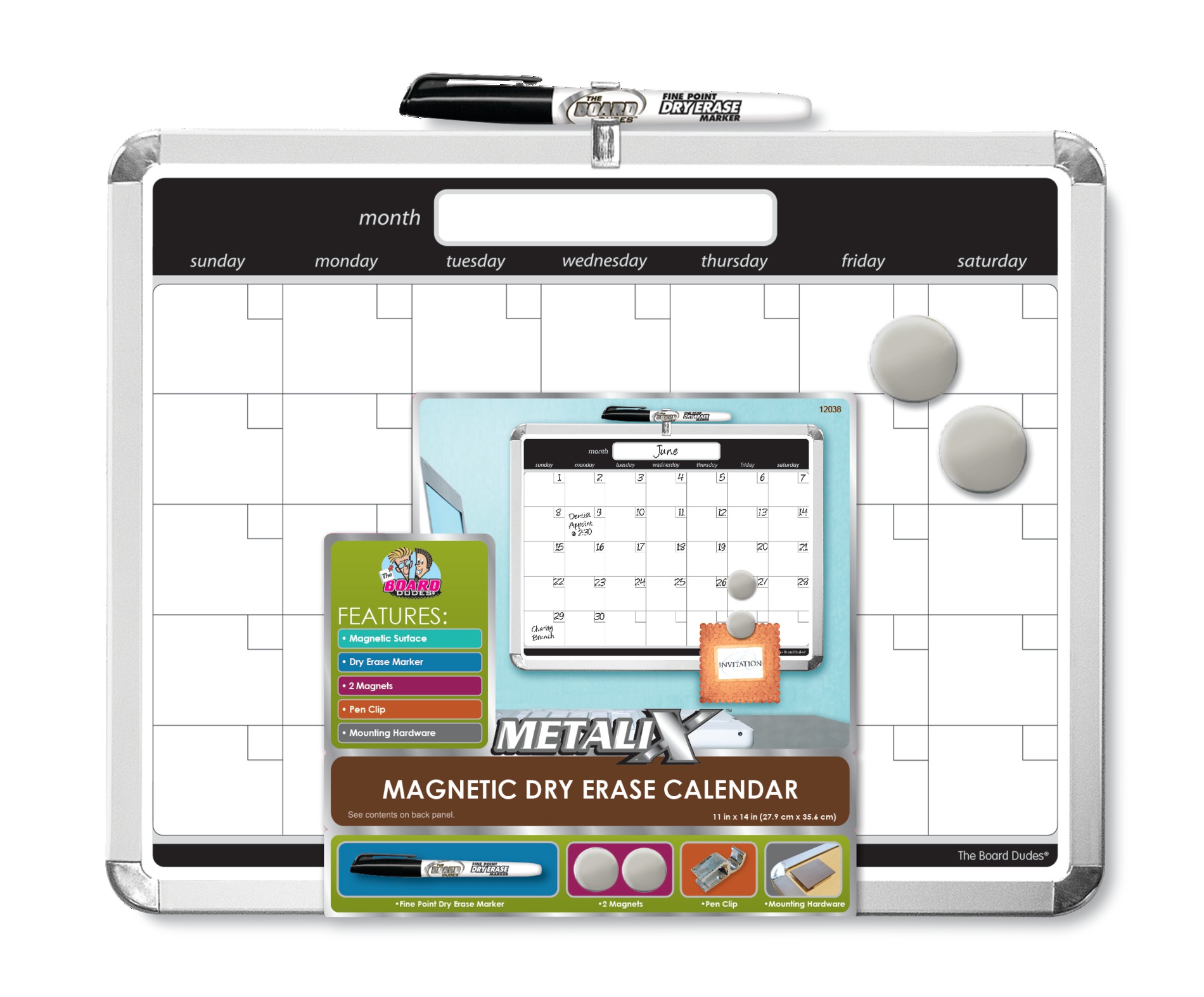 The Board Dudes MetaliX Dry-Erase Calendar, Magnetic, MetaliX Framed, 1 calendar