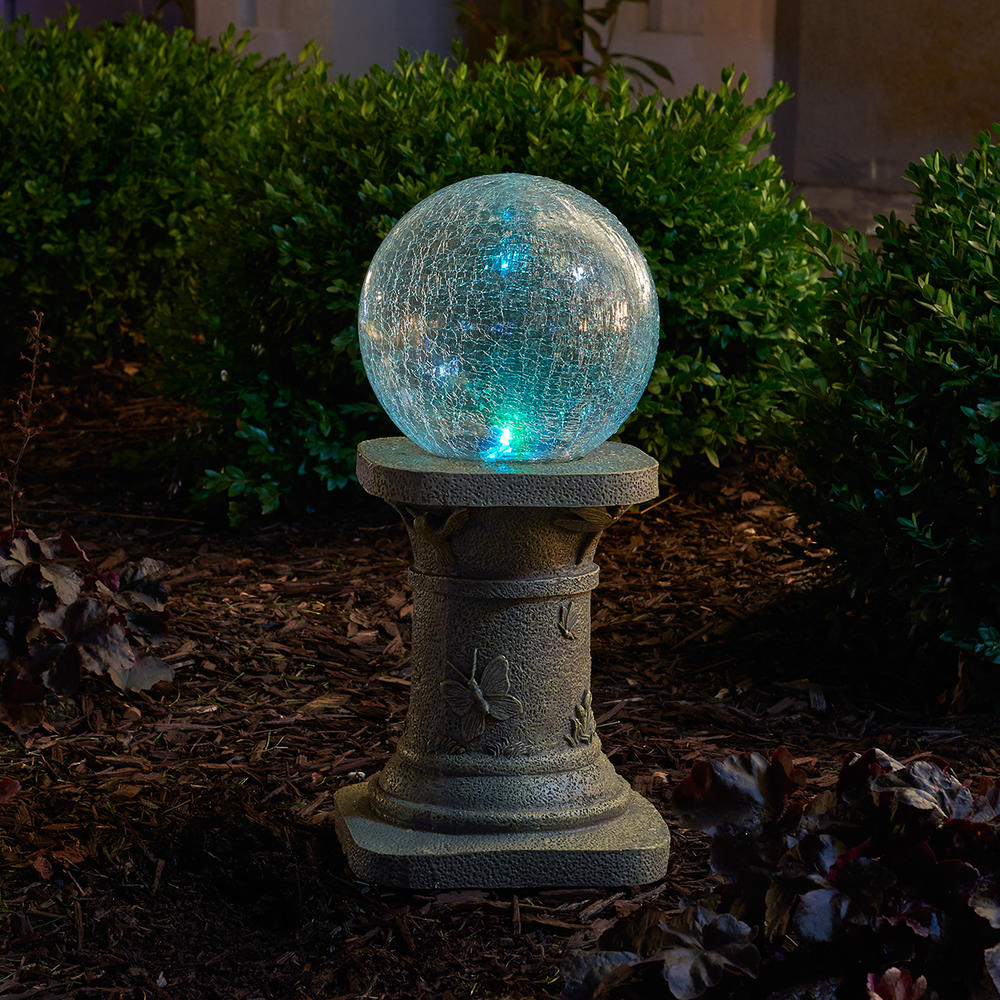 Smart Solar Crackled Glass Color Changing Gazing Ball with Tall Pedestal
