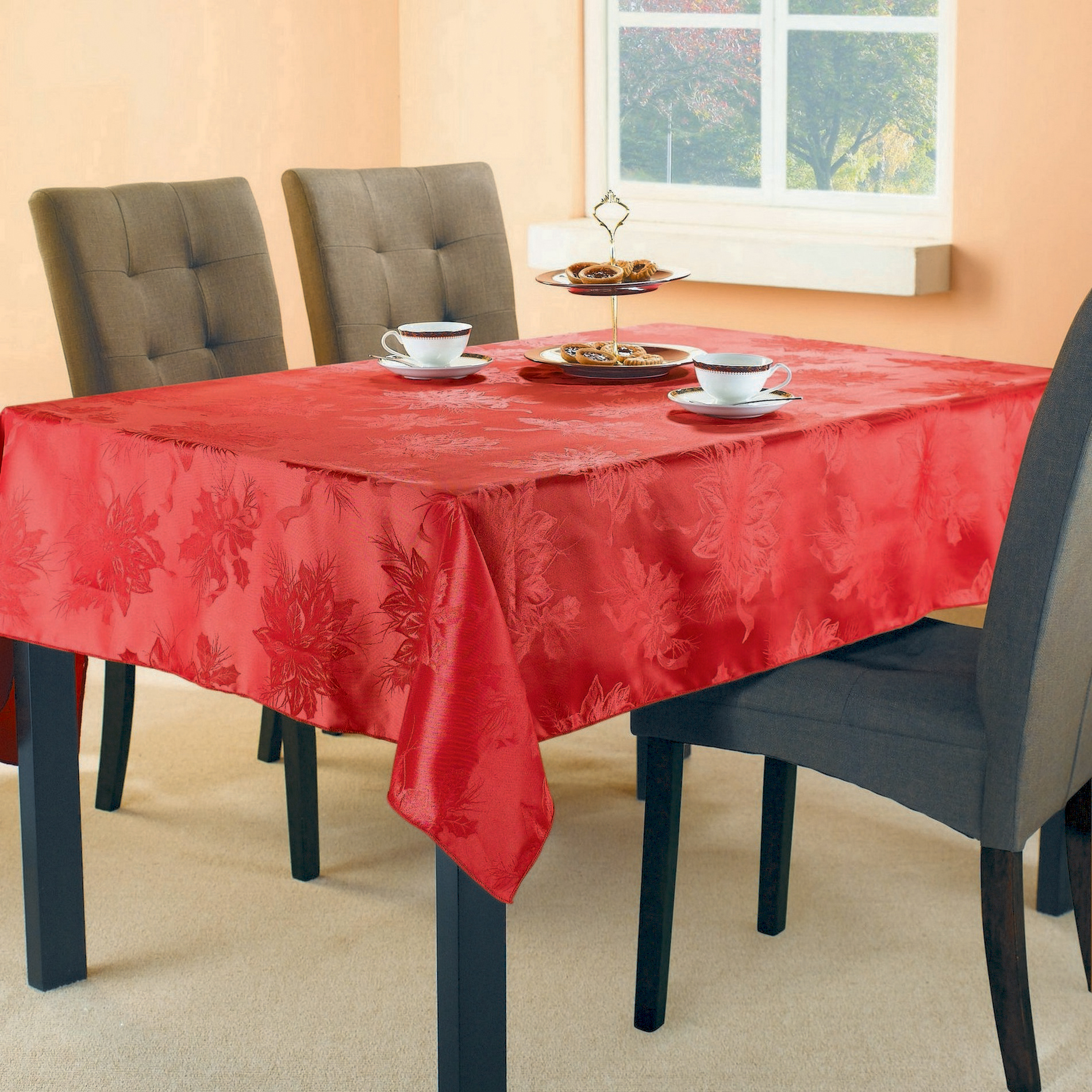 Damask Tablecloth - Red Poinsettia