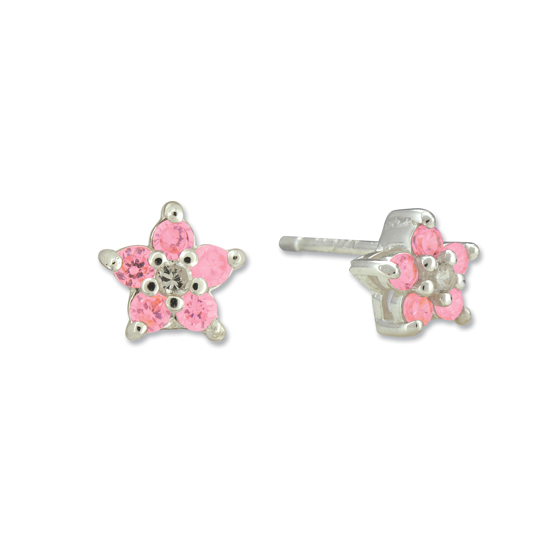 Girls Sterling Silver Pink Cubic Zirconia Flower Stud Earrings