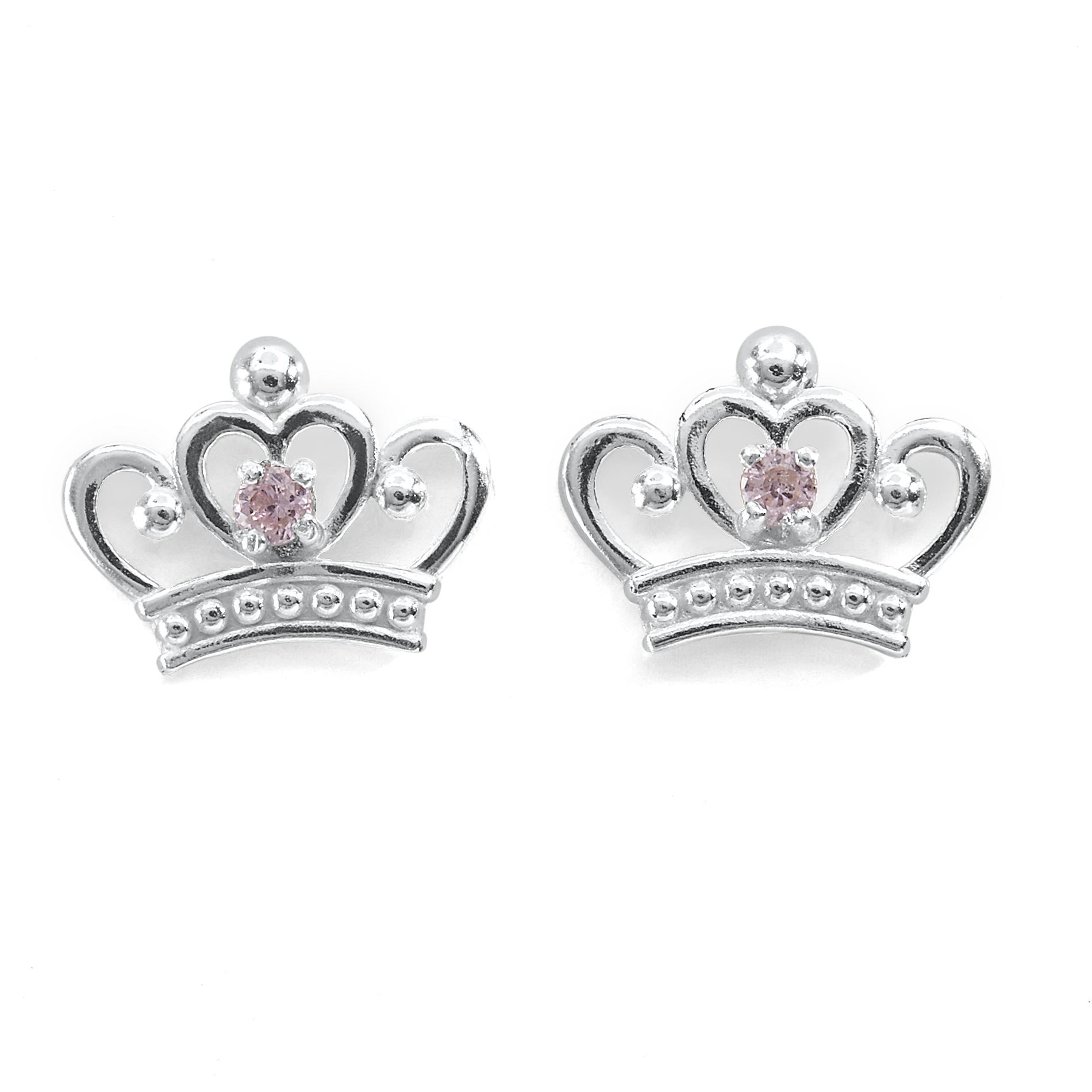 Girls Sterling Silver 2mm Pink Cubic Zirconia Crown Stud Earrings