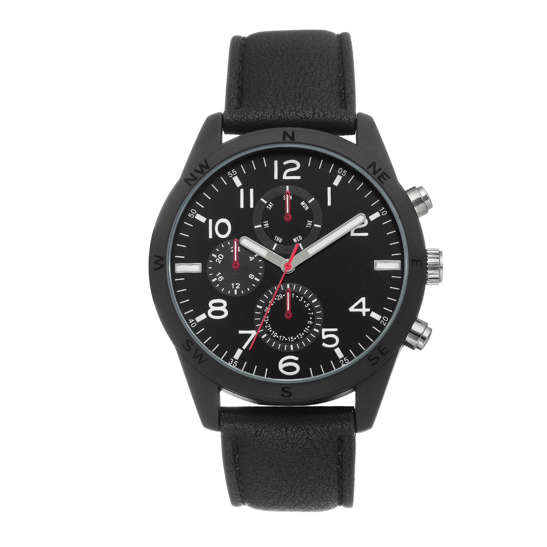Men's Black Faux Leather Strap Watch