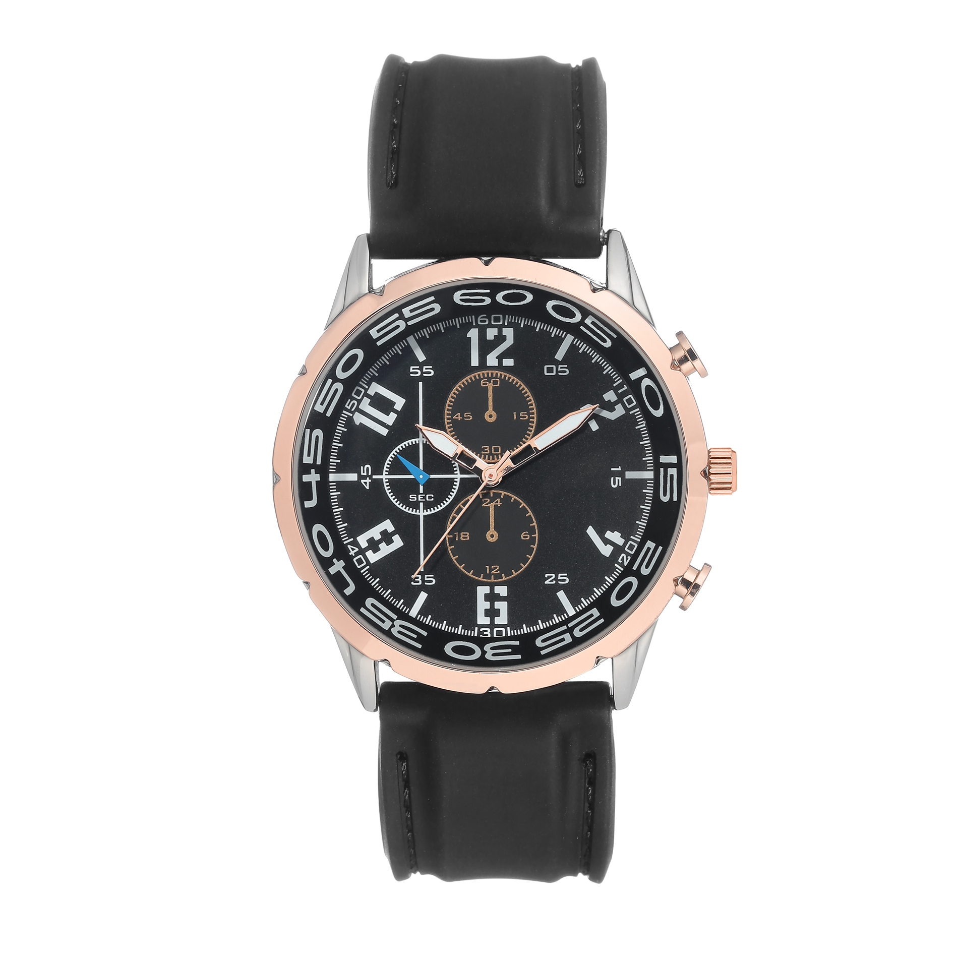 Men's Black Faux Leather Strap Watch with Rose Gold Bezel