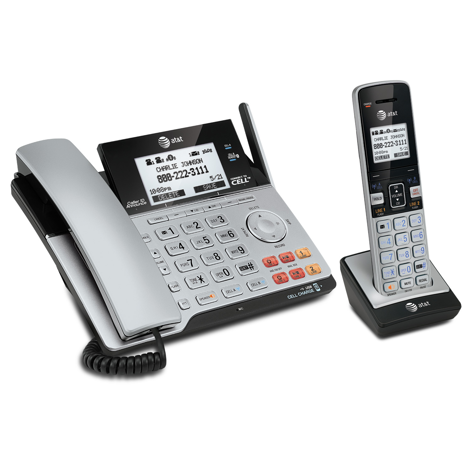 AT&T TL86103 DECT 6.0 2-Line Expandable Corded/Cordless Phone with Bluetooth Connect to Cell & Answering System l