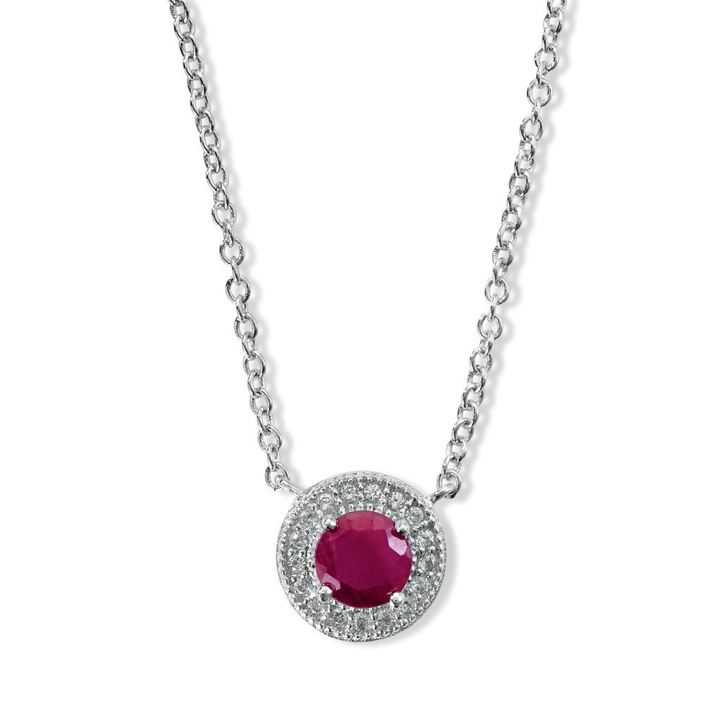 Sterling Silver 5mm Genuine Ruby with Genuine White Topaz Halo Necklace