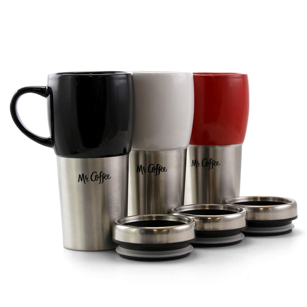 Mr. Coffee  Traverse 16 Ounce Stainless Steel and Ceramic Travel Mug in Assorted Colors, Set of 3