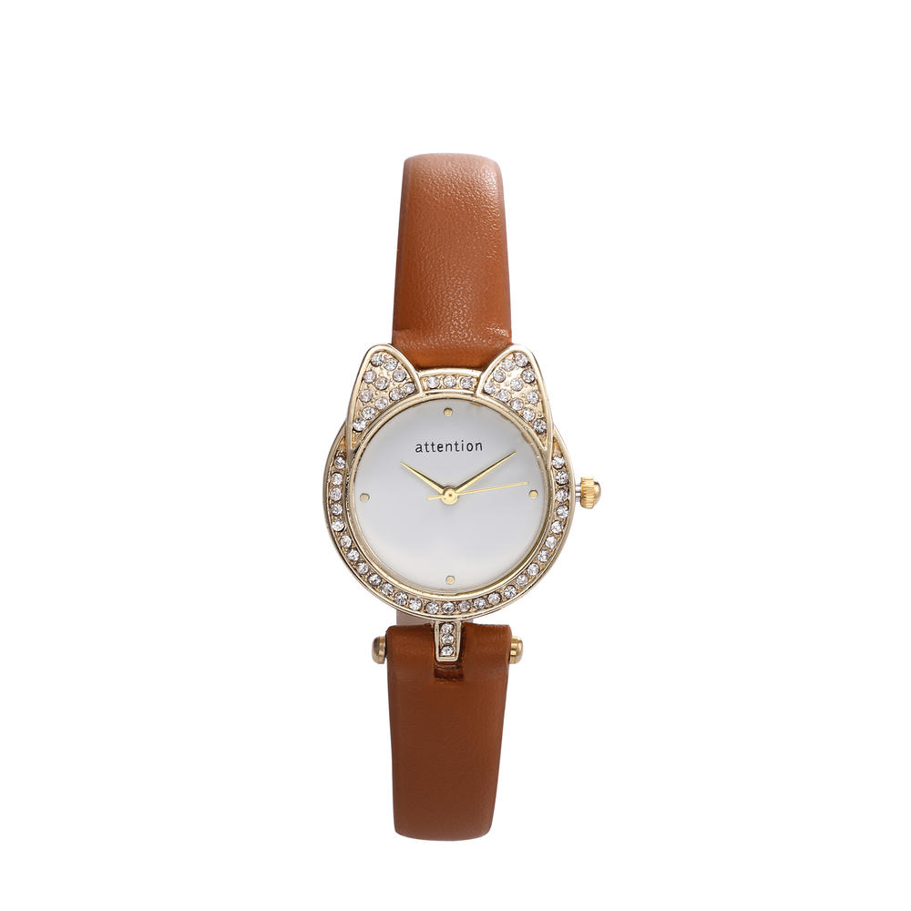 Attention Ladies Gold Crystal Cat Brown Leather Strap Watch