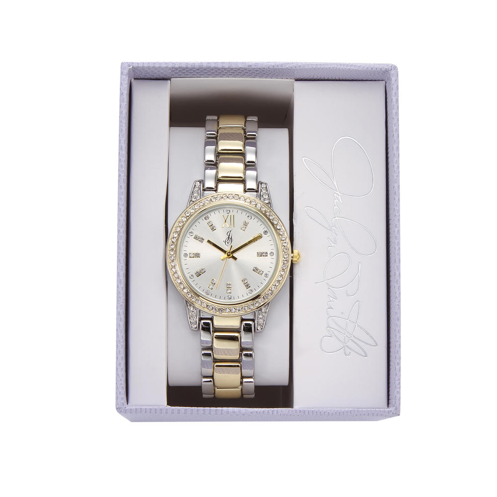 Attention Ladies Two Tone Silver and Gold Crystal Embellished Bracelet Watch