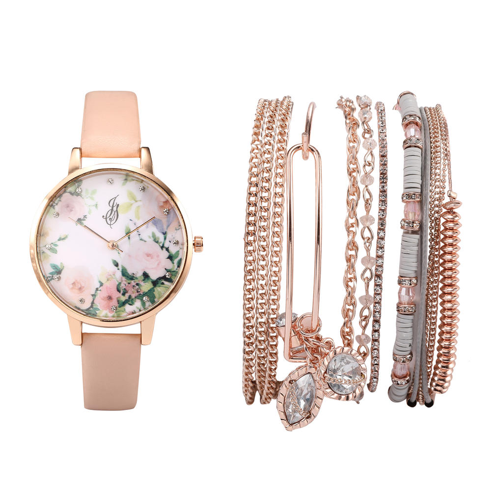 Jaclyn Smith Ladies Rose Gold Floral Print Blush Leather Strap Bracelet and Watch Set