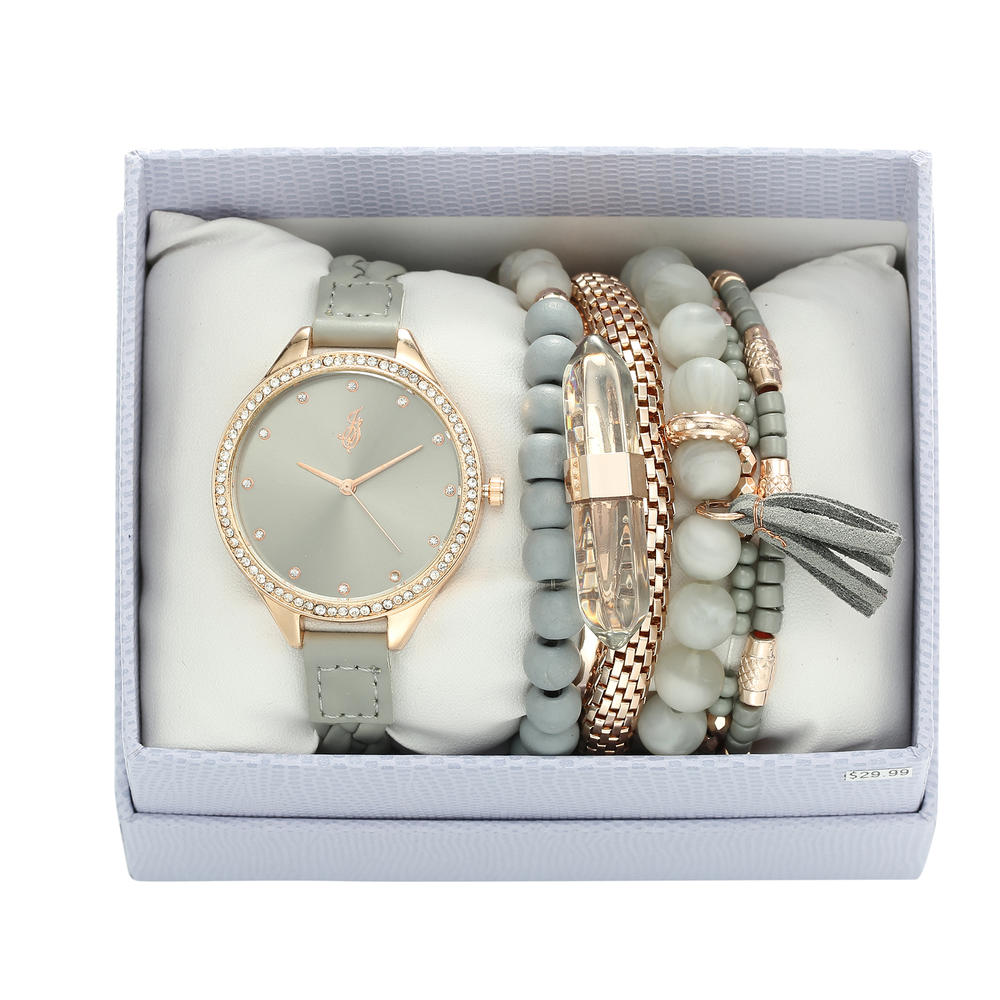 Jaclyn Smith Ladies Rose Gold Grey Leather Strap Bracelet and Watch Set