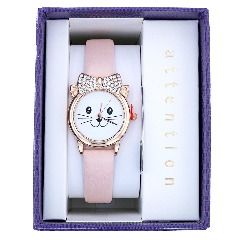 Attention Ladies Rose Gold Cat With Bow Pink Leather Strap Watch
