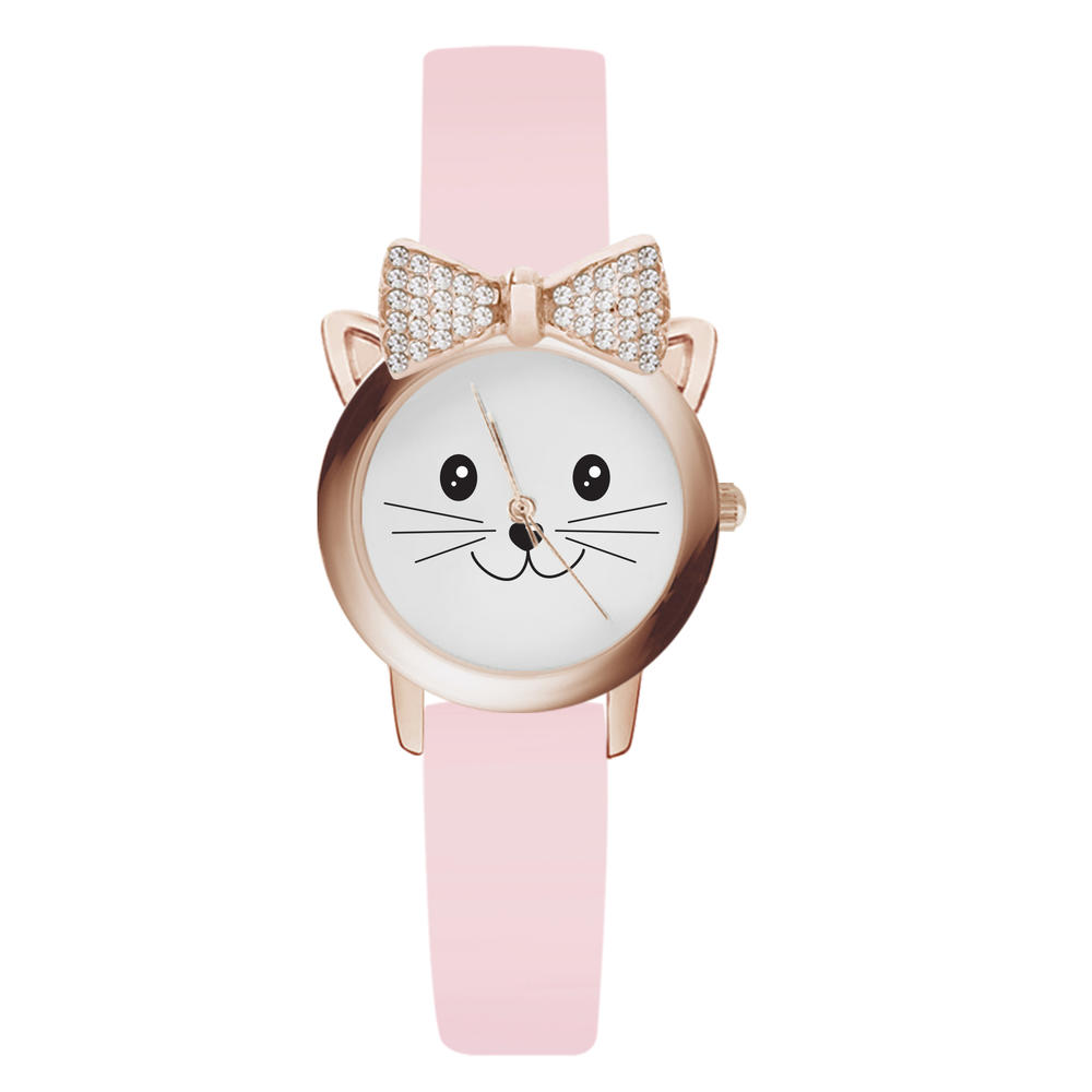 Attention Ladies Rose Gold Cat With Bow Pink Leather Strap Watch