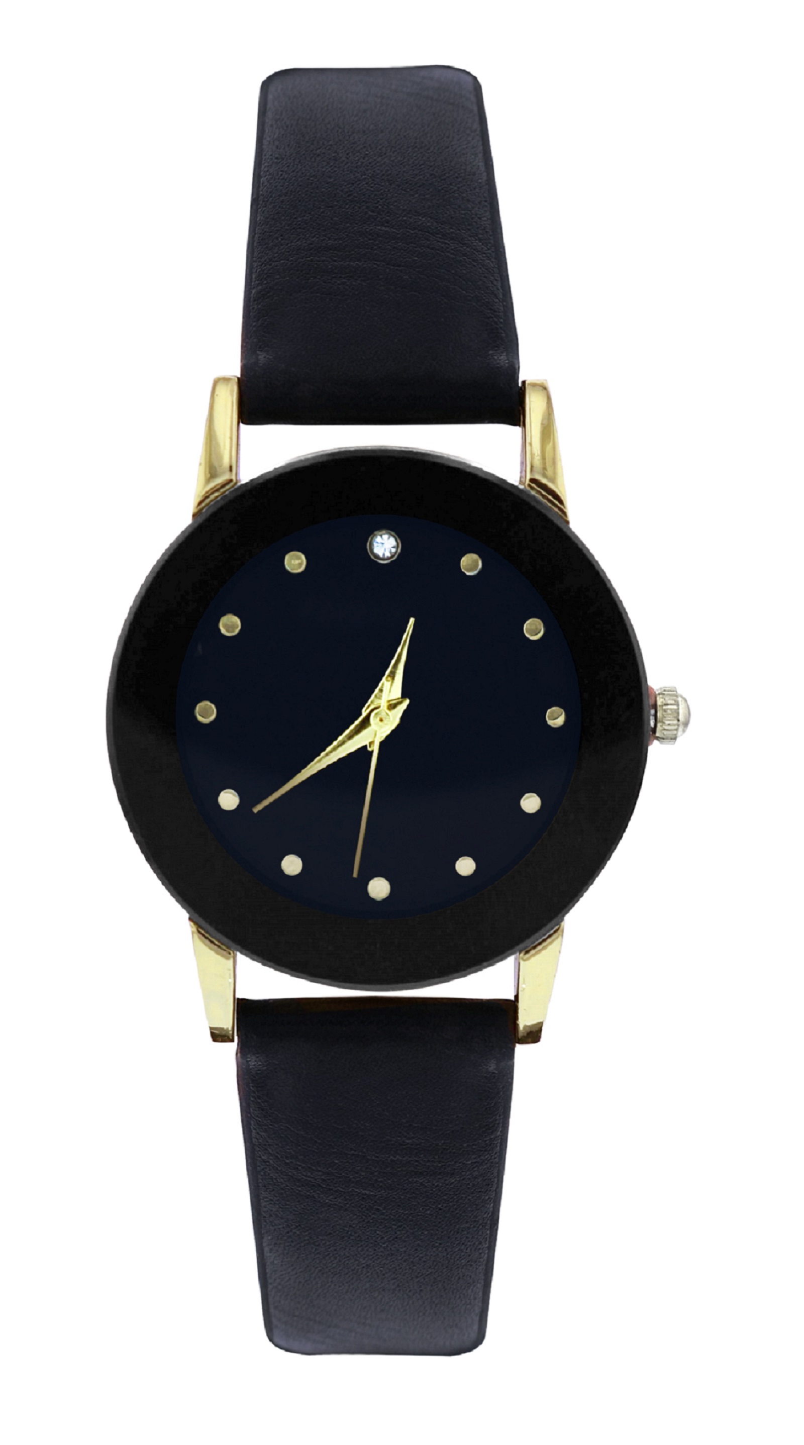 Ladies Gold With Black Leather Strap Watch