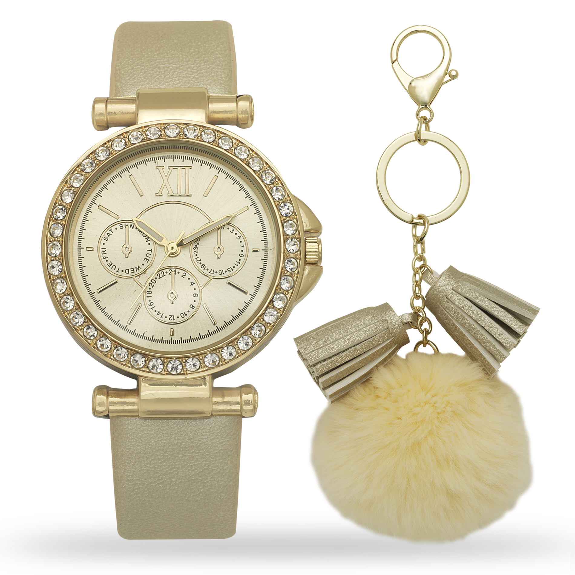 Attention Ladies Gold Watch and Keychain Set, Yellow Attention Ladies Gold Watch and Keychain Set, Yellow