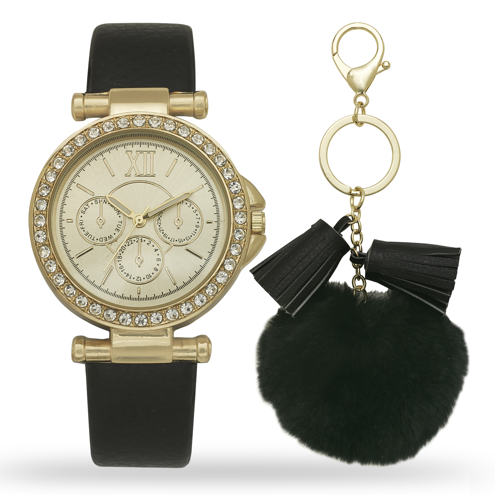Attention Ladies Gold and Black Watch and Keychain Set Attention Ladies Gold and Black Watch and Keychain Set