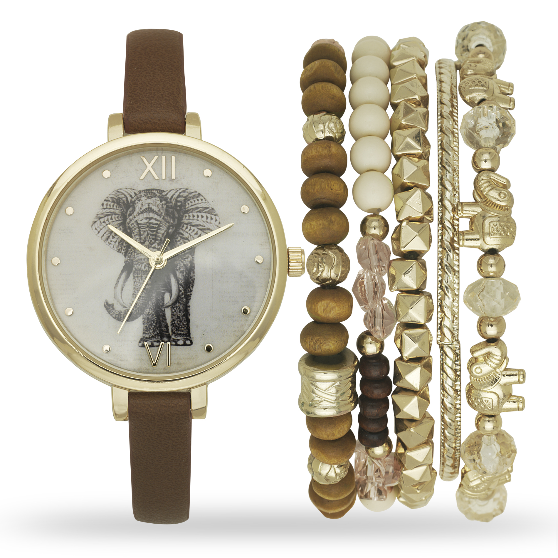 Attention Ladies Gold and Brown Watch and Bracelet Set Attention Ladies Gold and Brown Watch and Bracelet Set