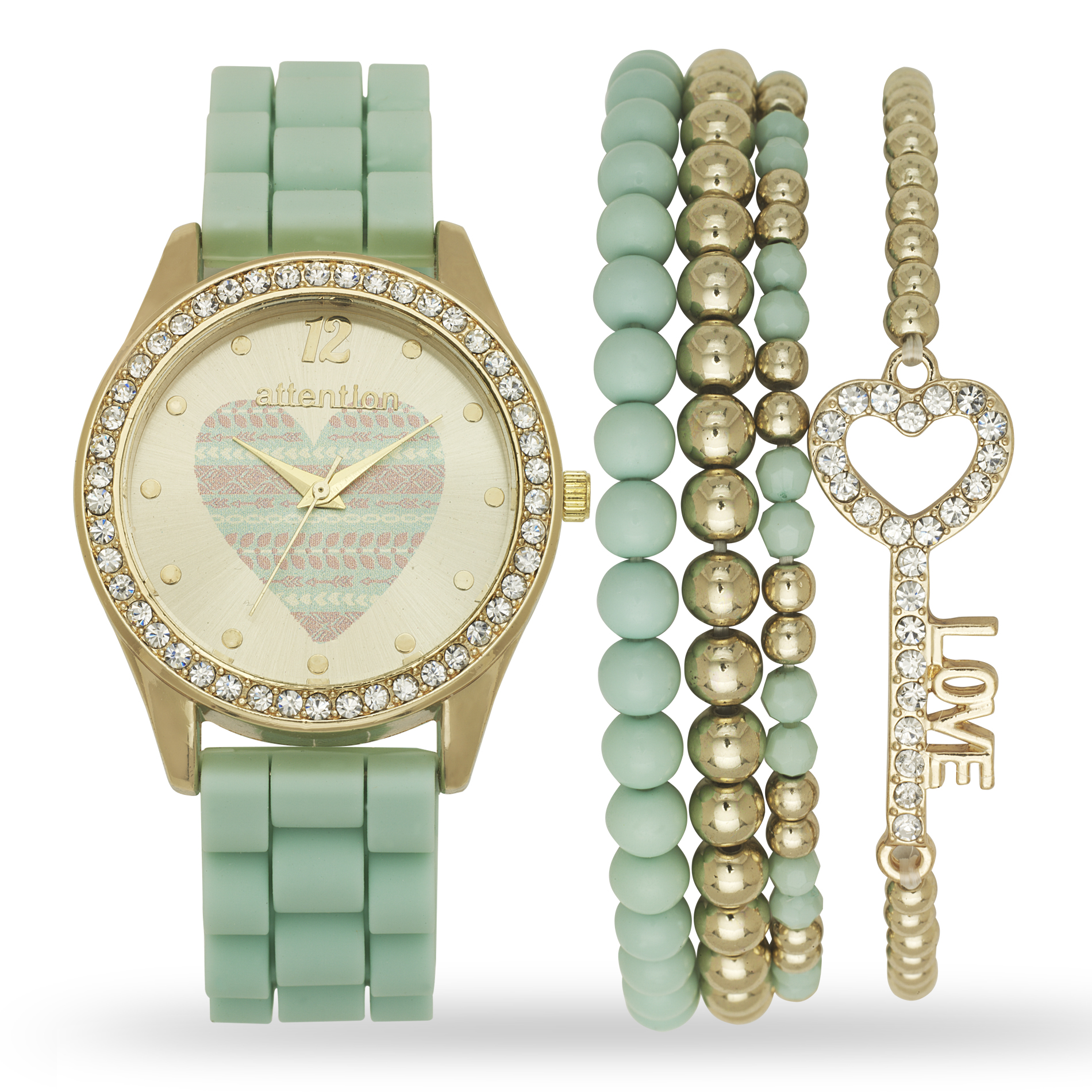 Attention Ladies Gold and Mint Watch and Bracelet Set, Yellow Attention Ladies Gold and Mint Watch and Bracelet Set, Yellow