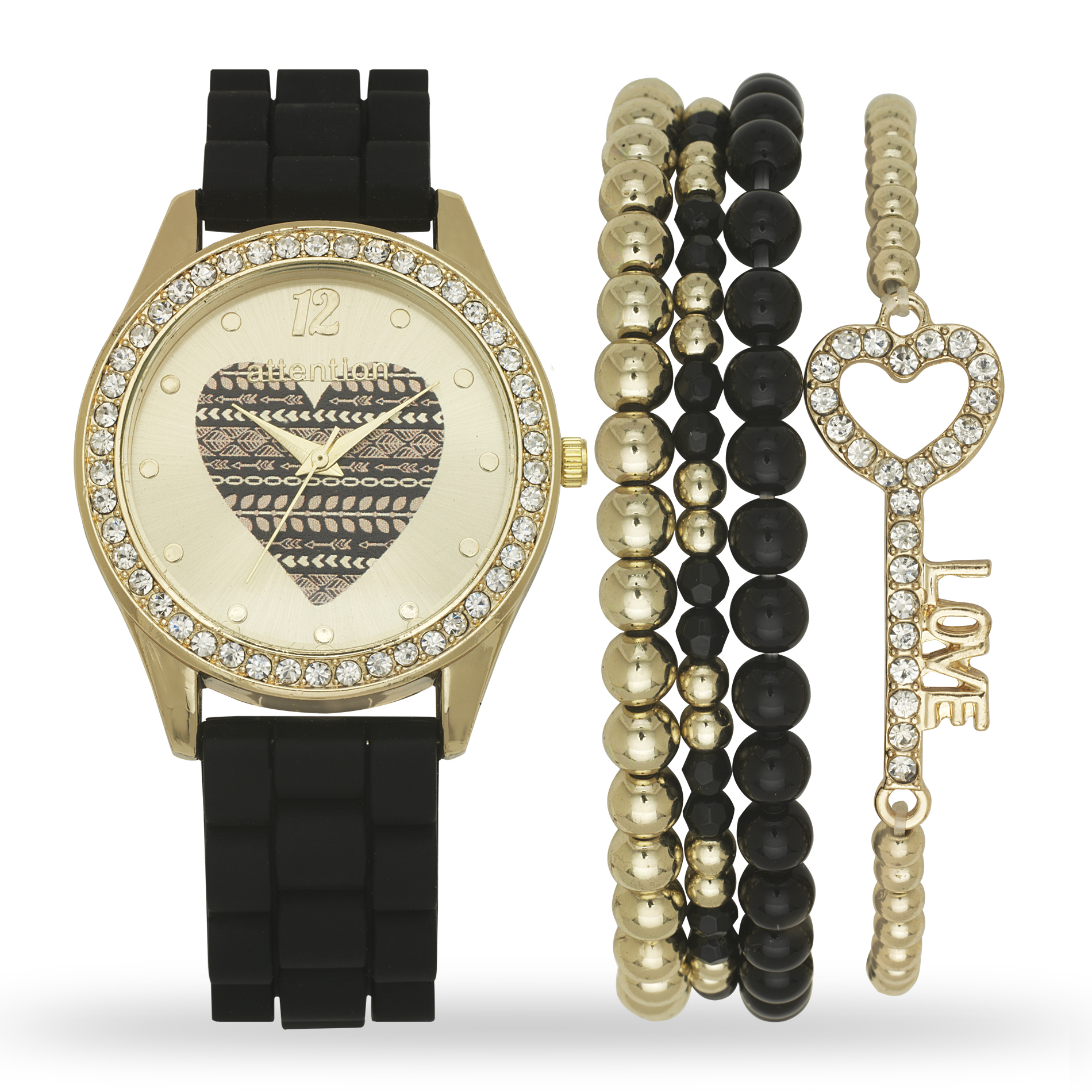 Attention Ladies Gold and Black Watch and Bracelet Set Attention Ladies Gold and Black Watch and Bracelet Set