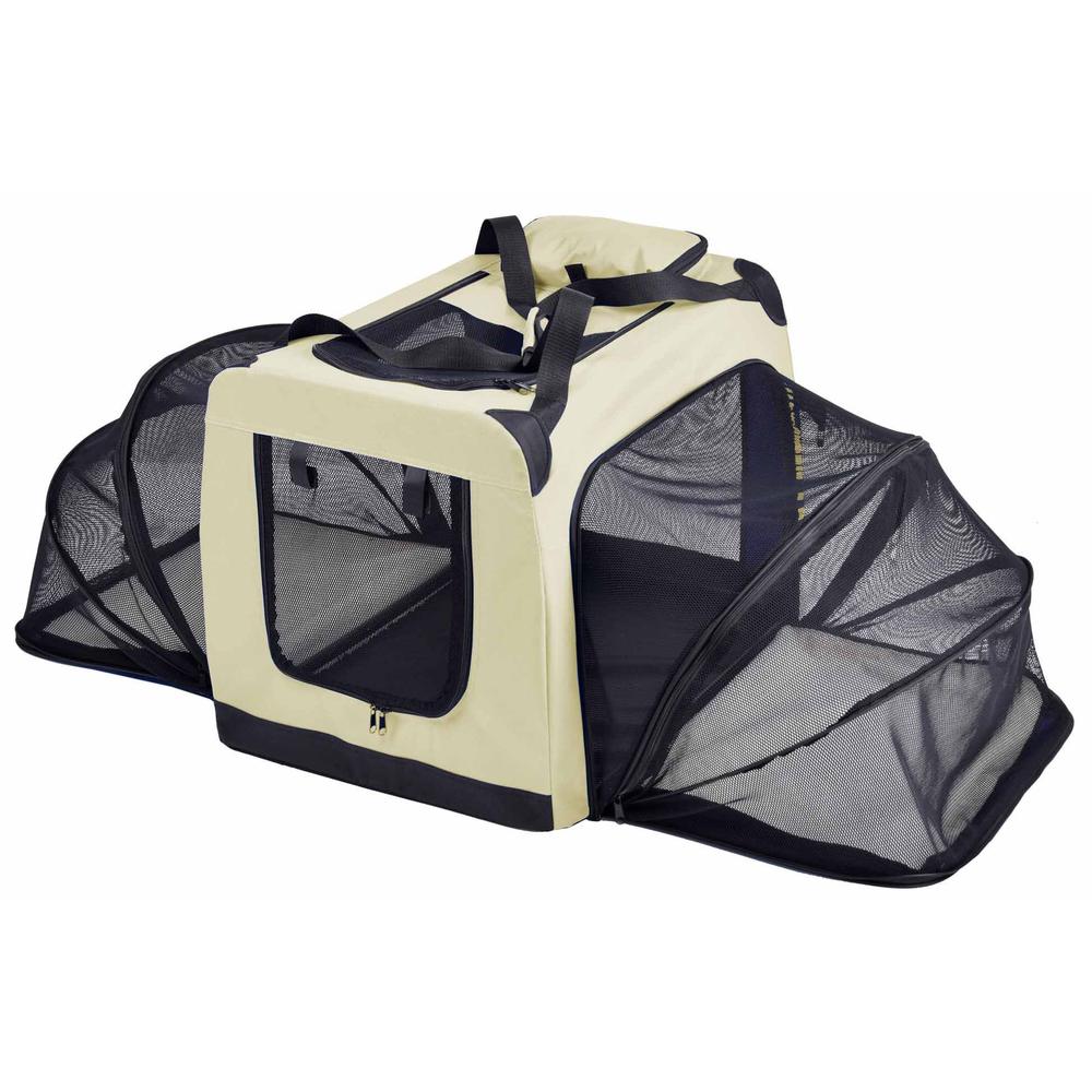 Pet Life Hounda Accordion' Metal Framed Soft-Folding Collapsible Dual-Sided Expandable Pet Dog Crate, Medium, Khaki