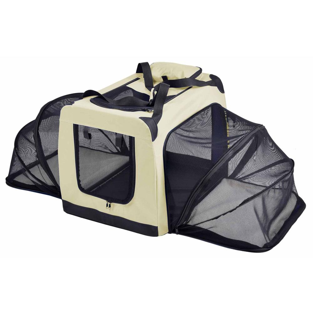 Pet Life Hounda Accordion' Metal Framed Soft-Folding Collapsible Dual-Sided Expandable Pet Dog Crate, Large, Khaki