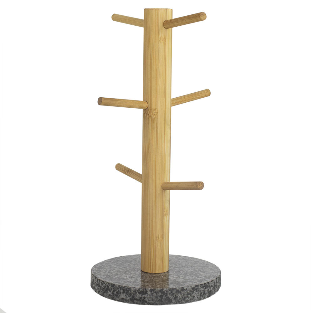 6 Cup Bamboo Mug Tree Holder Stand with Granite Base