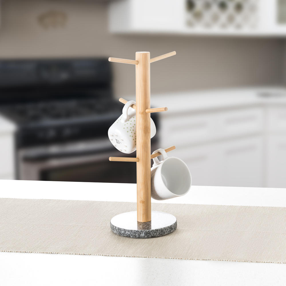 6 Cup Bamboo Mug Tree Holder Stand with Granite Base
