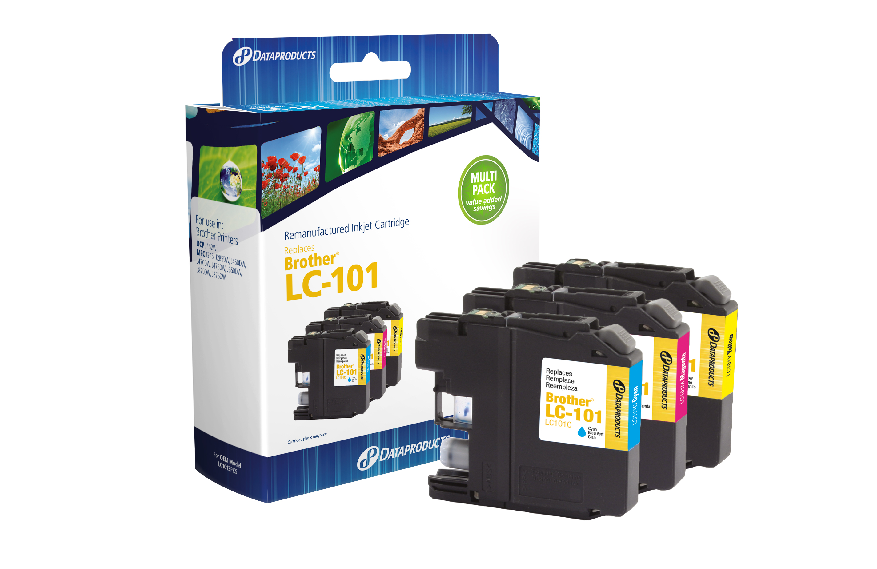 Dataproducts DPCLC101CMY Remanufactured Brother LC-101 Cyan/Magenta/Yellow Ink 3-Pack