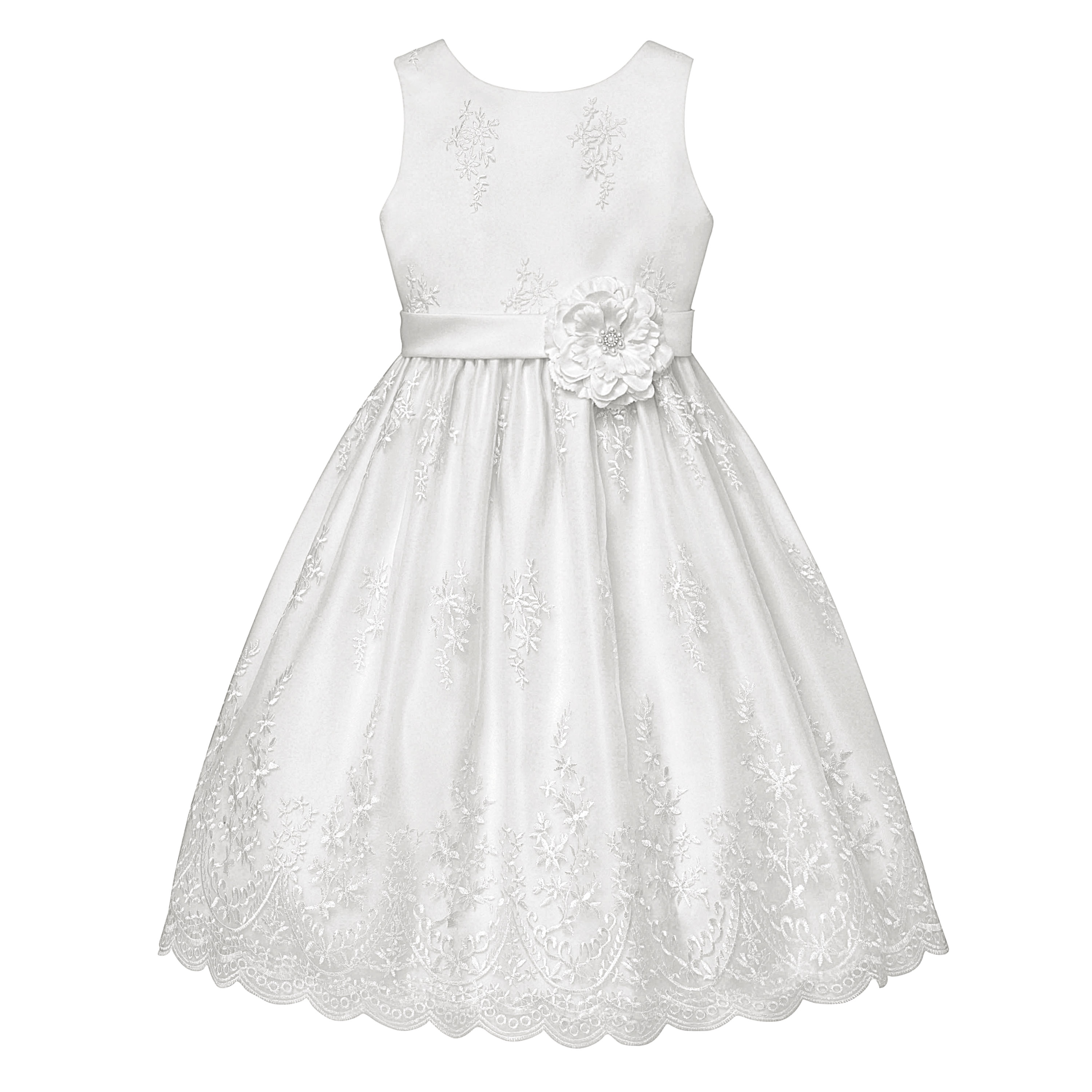 American Princess Girl's Sleeveless White Communion Dress with Border, Embroidery and Rosette