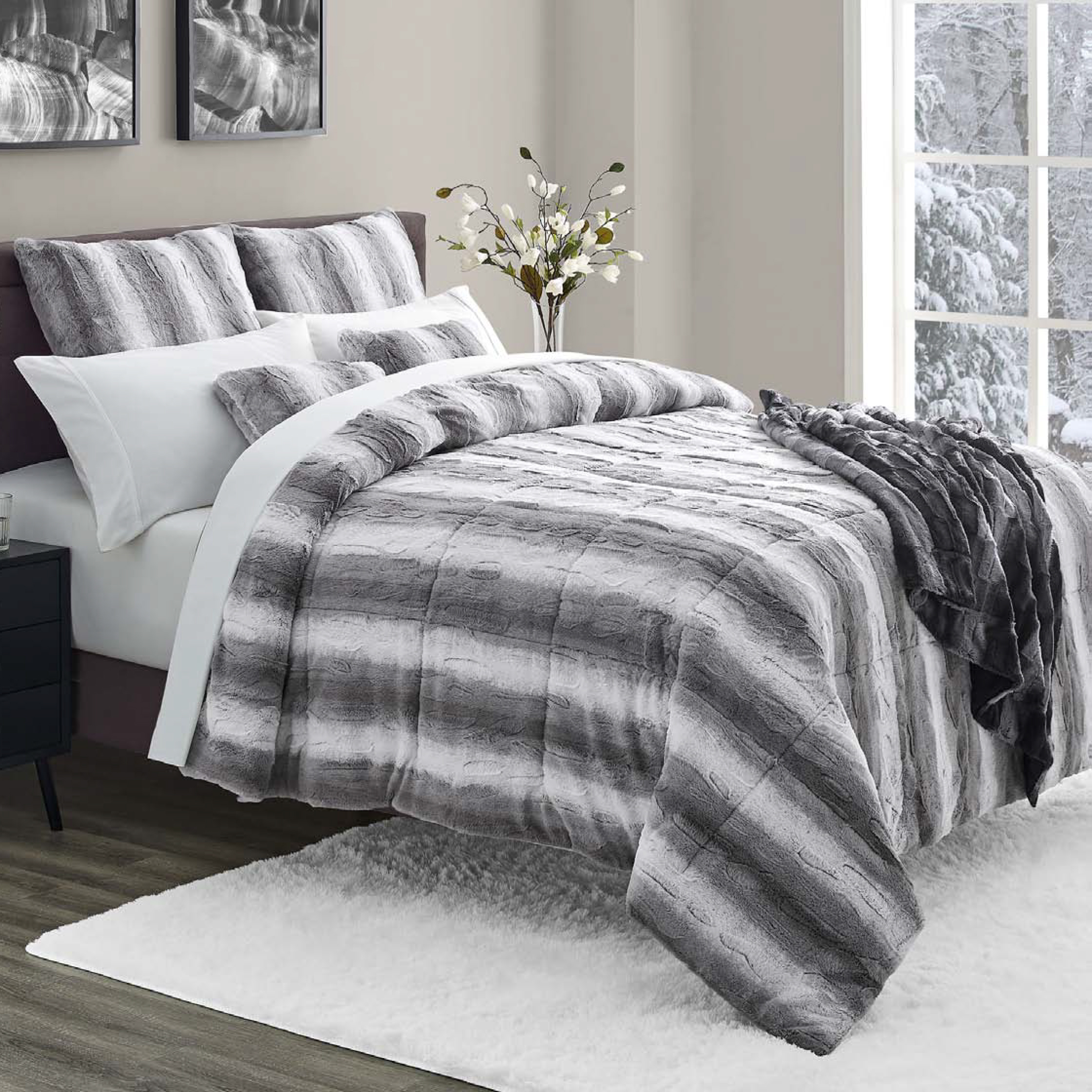 Cannon Faux Fur Grey Striped Comforter