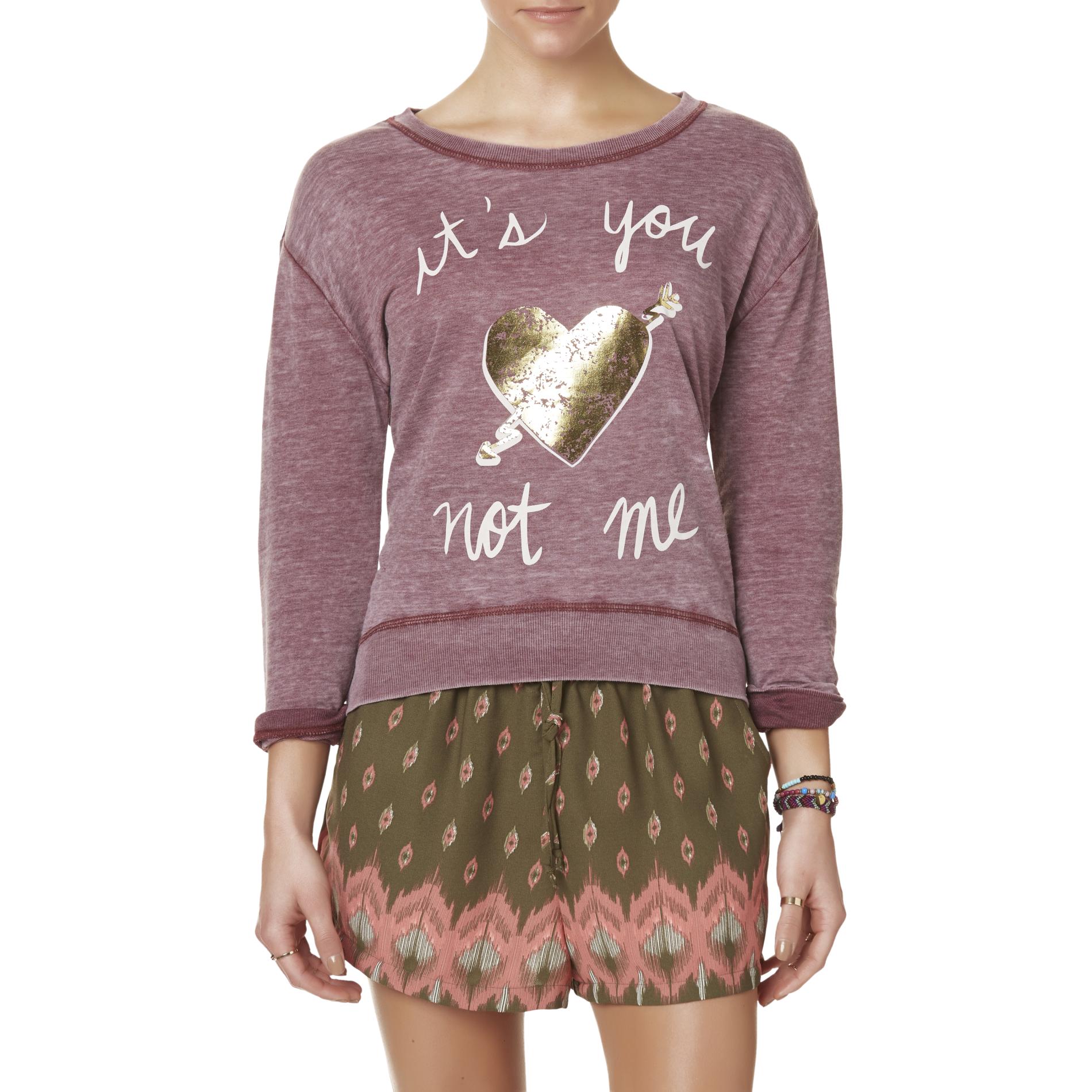 Wild Kiss Juniors' Burnout French Terry Knit Graphic Top - Heart