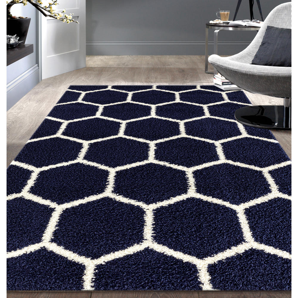 World Rug Gallery Florida Shag Geometric Honeycomb Shag 3232 Navy Area ...