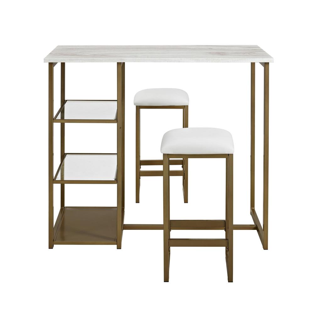 Dorel Home Furnishings Tanner White 3-Piece  Brass Pub Set with Faux Marble Top