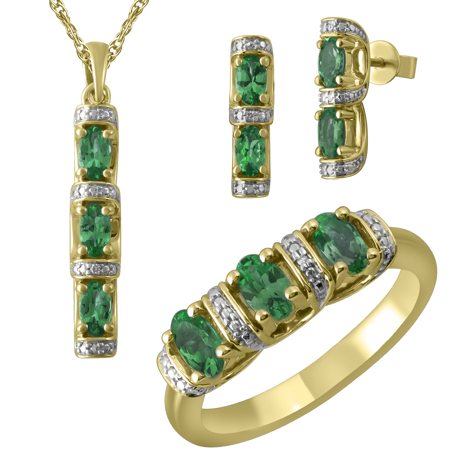 3 Piece Gold over Silver Emerald Earring, Pendant and Ring Box Set