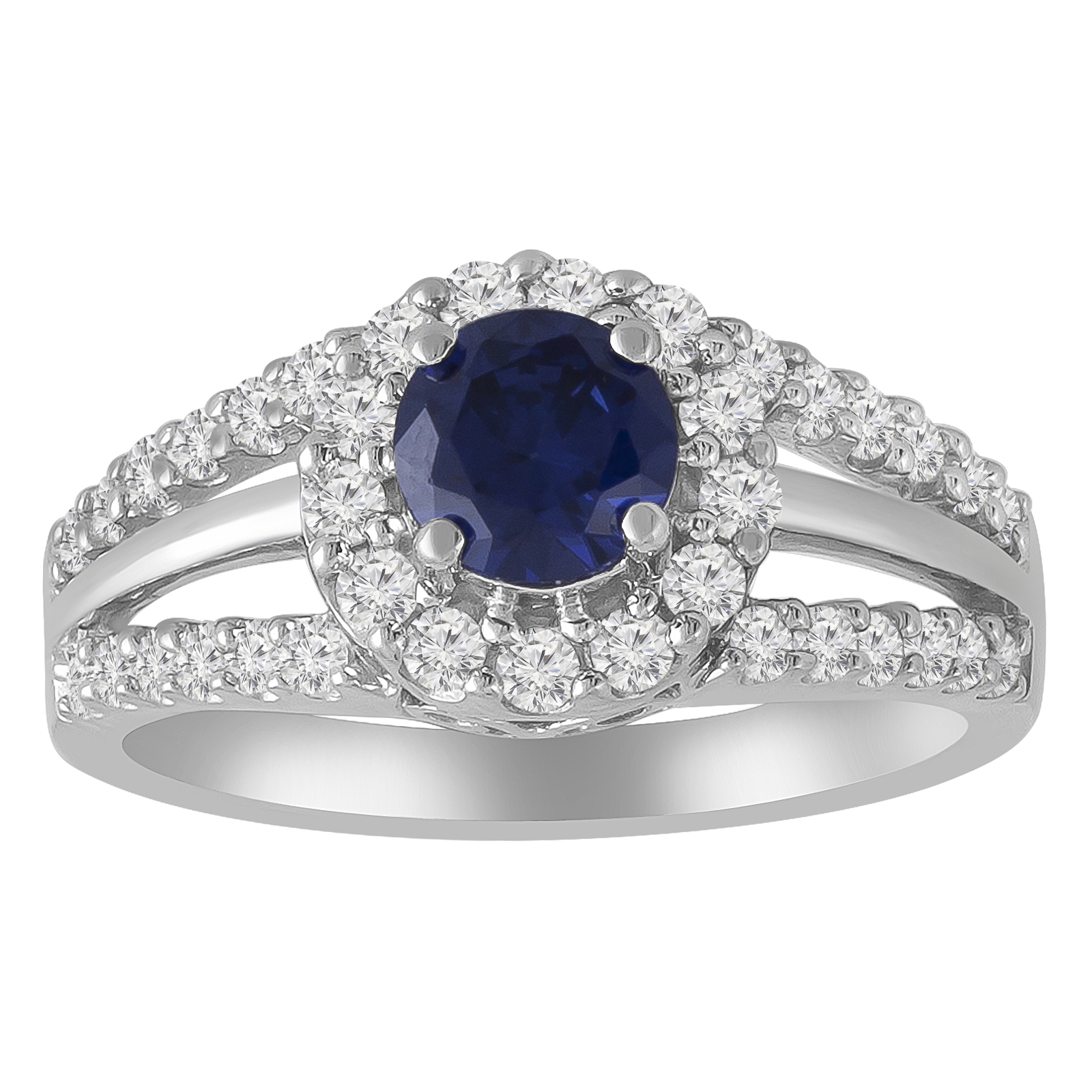 Sterling Silver Blue Cubic Zirconia Round with White Cubic Zirconia Split Shank Ring - Size 8